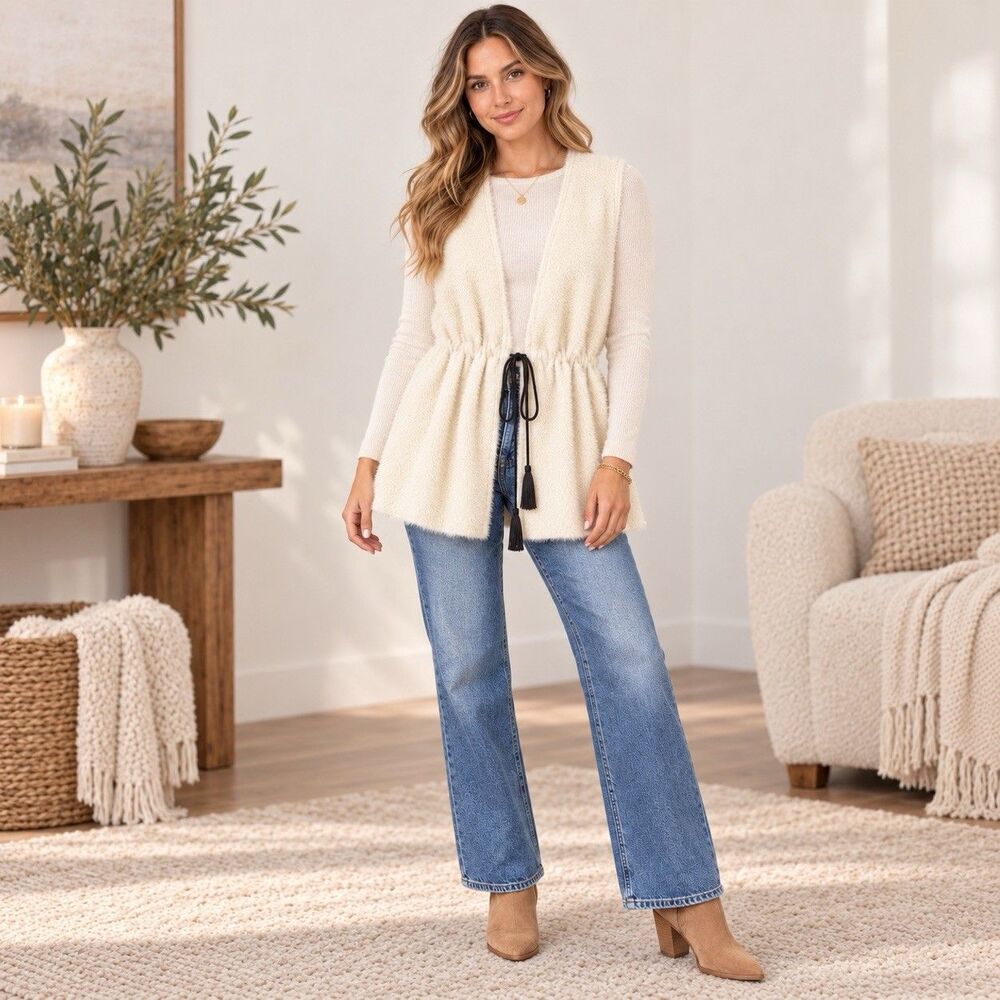 THML Fuzzy Eyelash Knit Vest M Ivory Drawstring Tassel Boho Cozy Layering